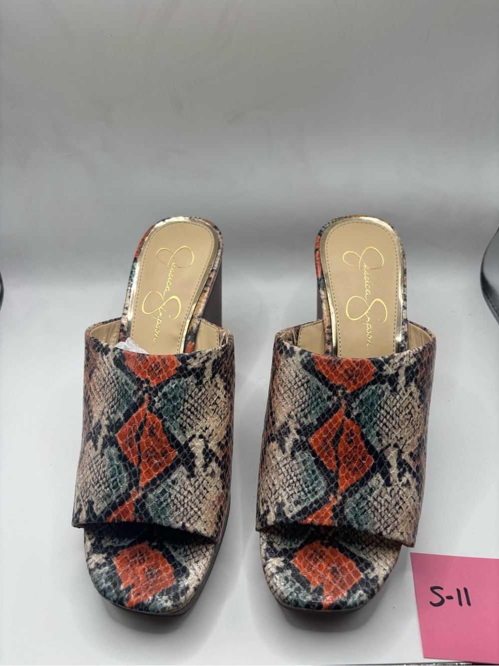 Jessica Simpson Snake-Print Slide Mules with Orange and Teal Accents